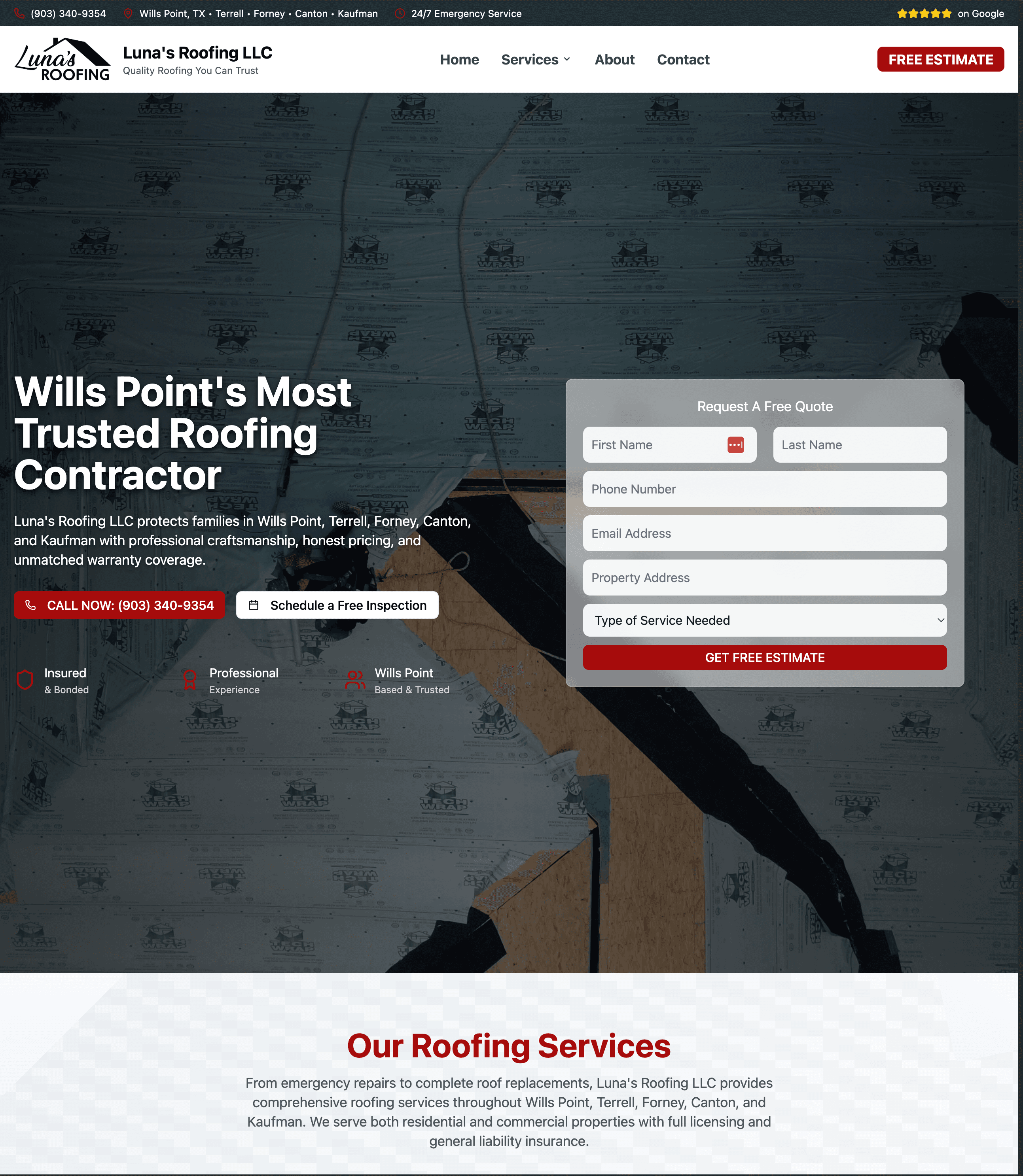 Luna's Roofing website preview